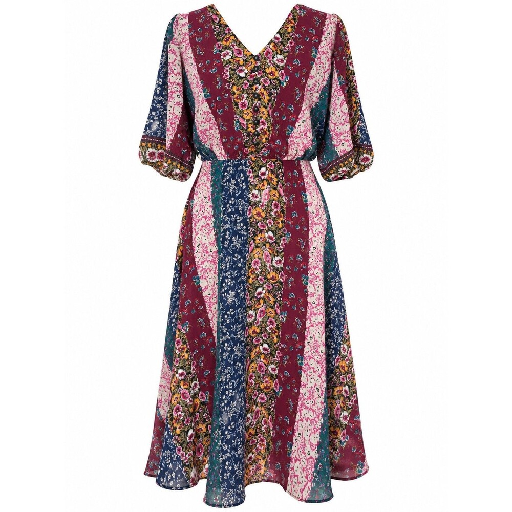 Size 12 Patchwork Floral Midi Dress Boho Cottagecore Button Front Zippered